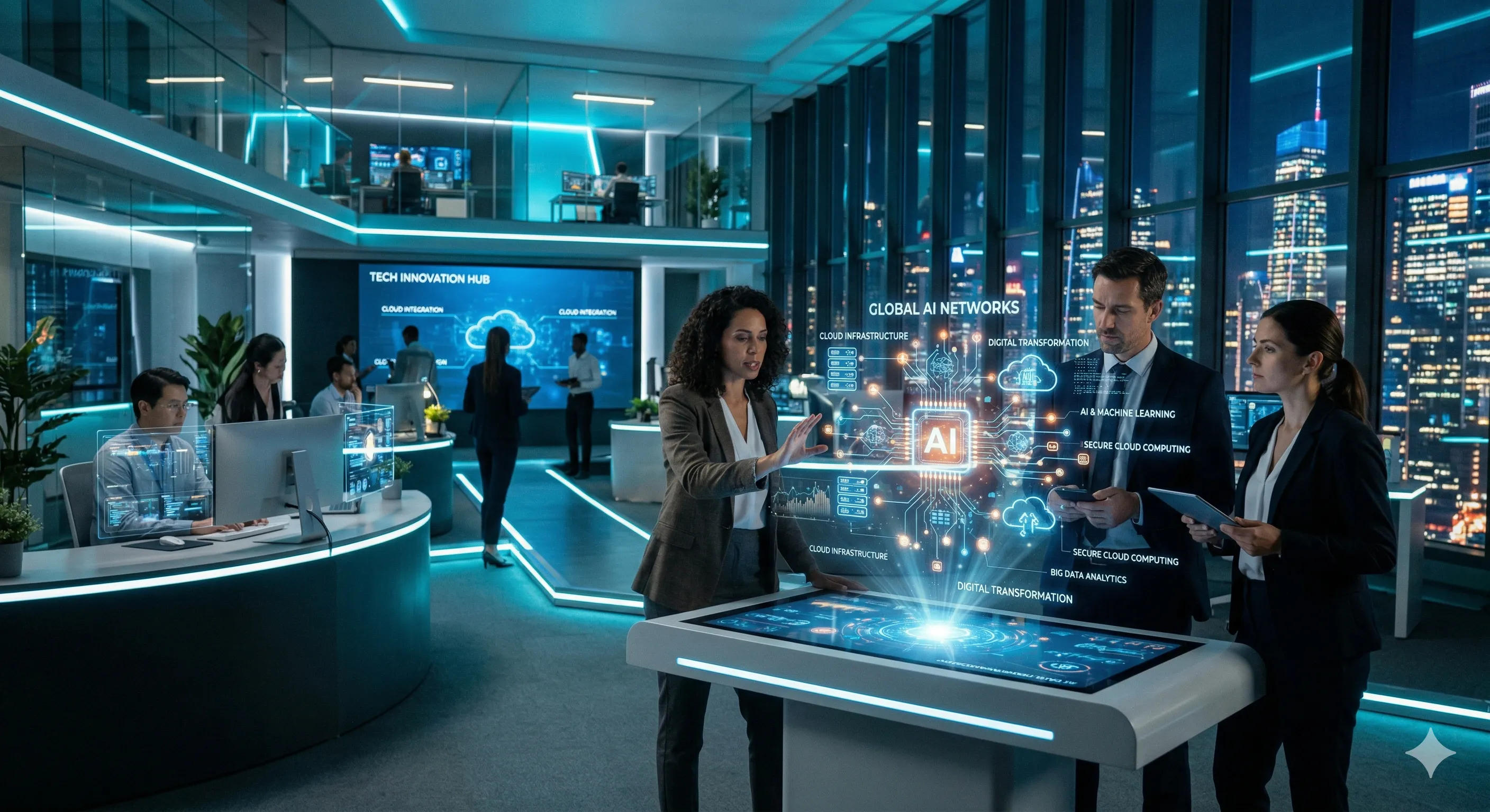 Visualización futurista de las tendencias tecnológicas 2026 incluyendo IA, computación en la nube e innovación digital.